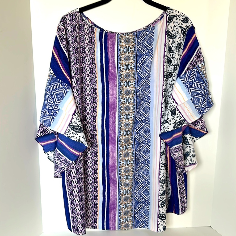 Chico’s Sz 4 (US 20-22) Flowy Flutter Sleeve Blouse Mixed Print Purple & Blue